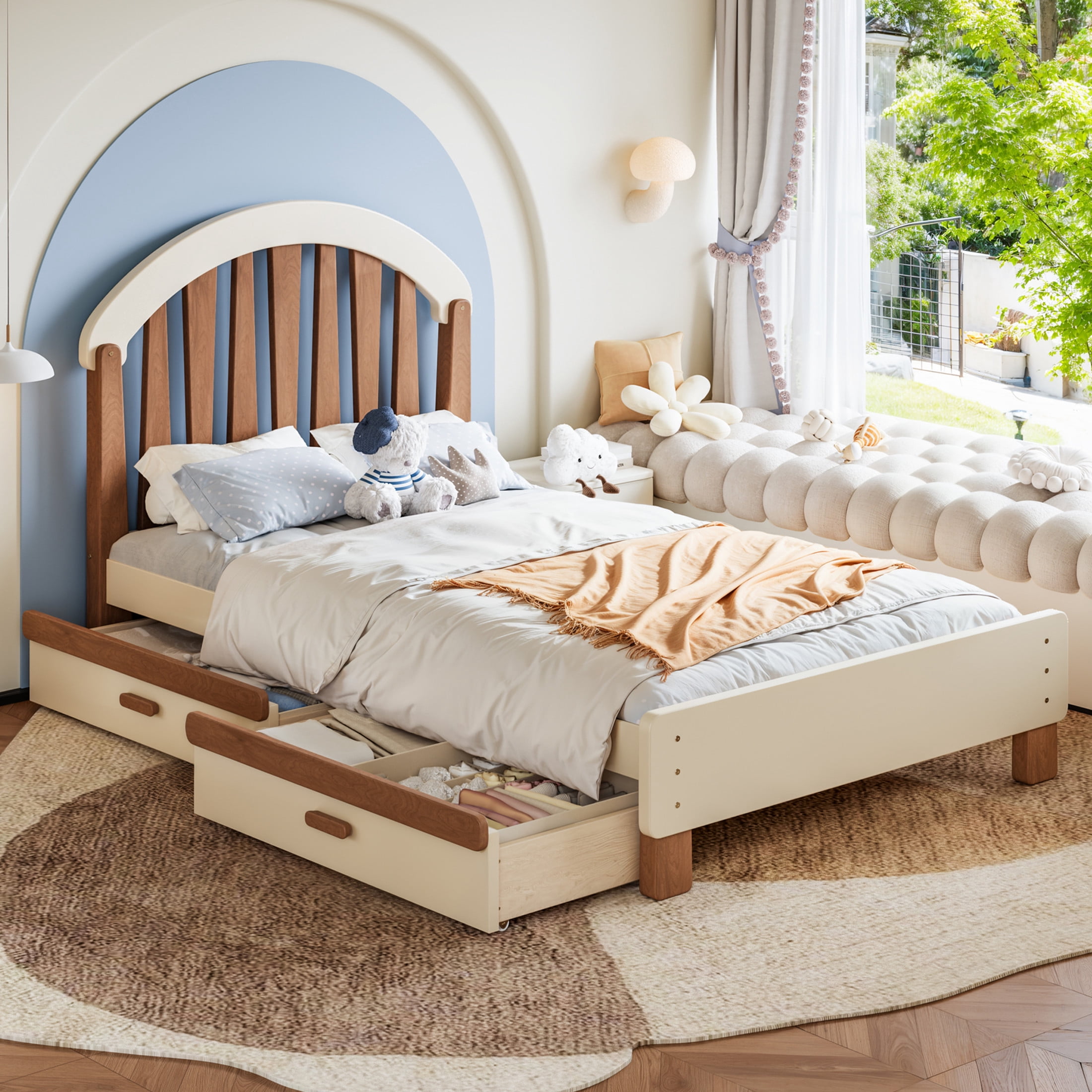 GDF Studio Twin Size Platform Bed with Storage Drawers, Round Headboard, No Box Spring Needed, Beige+Brown