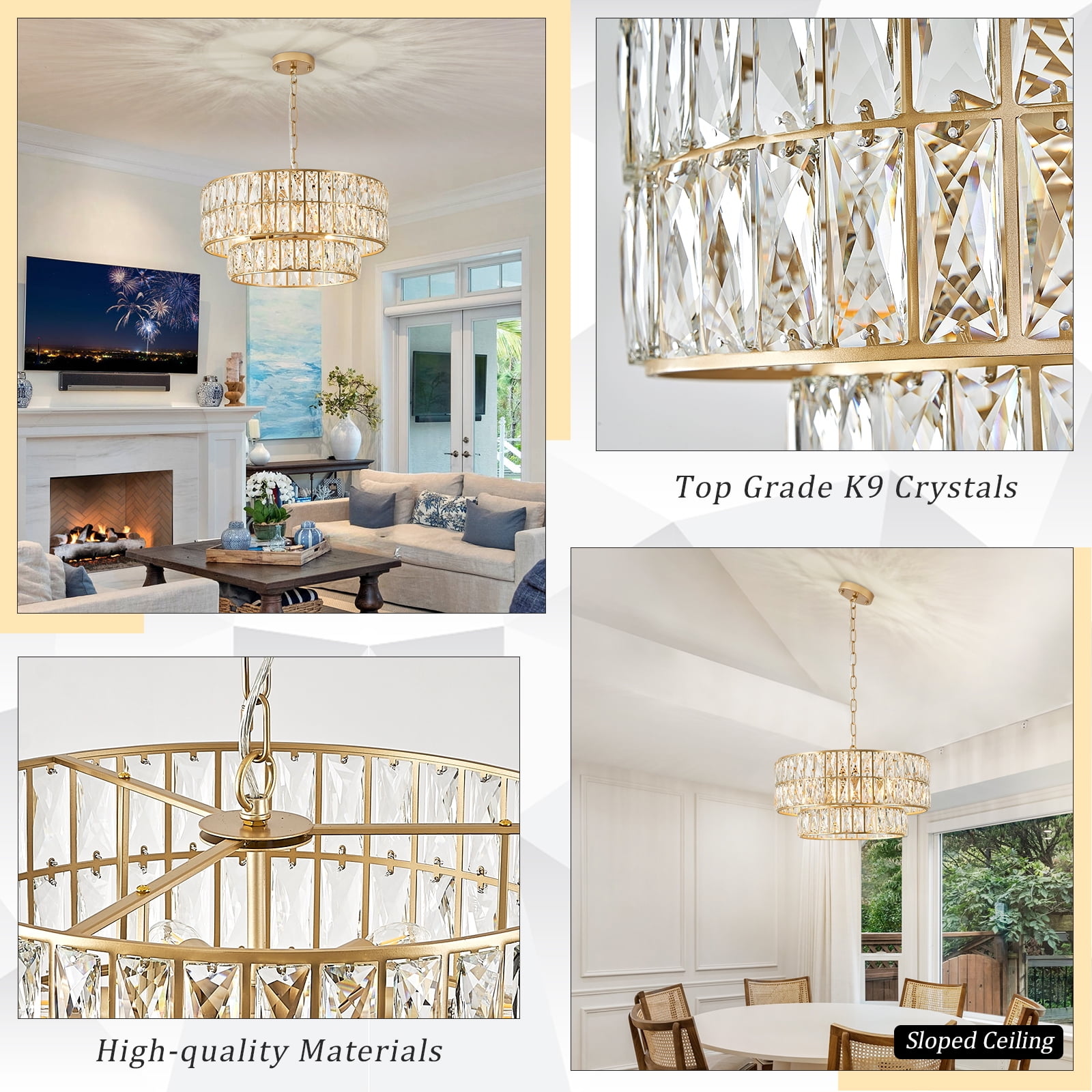 Gold 2-tier Crystal Chandelier 6-Lights Luxury Crystal Pendant Chandelier 20'' Drum Semi Flush Mount Ceiling Lights for Dining Room Foyer Living Room Bedroom Kitchen