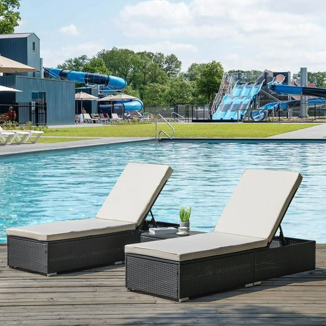 Outdoor Garden 3 Piece Wicker Patio Chaise Lounge Set Adjustable Pe Rattan Reclining Chairs With Cushions And Side Table.