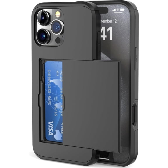 Compatible with iPhone 16 Pro Wallet Case with Credit Card Holder Hidden Card Slot Slim Protective Shockproof Hard Cover for Women Man (Black)