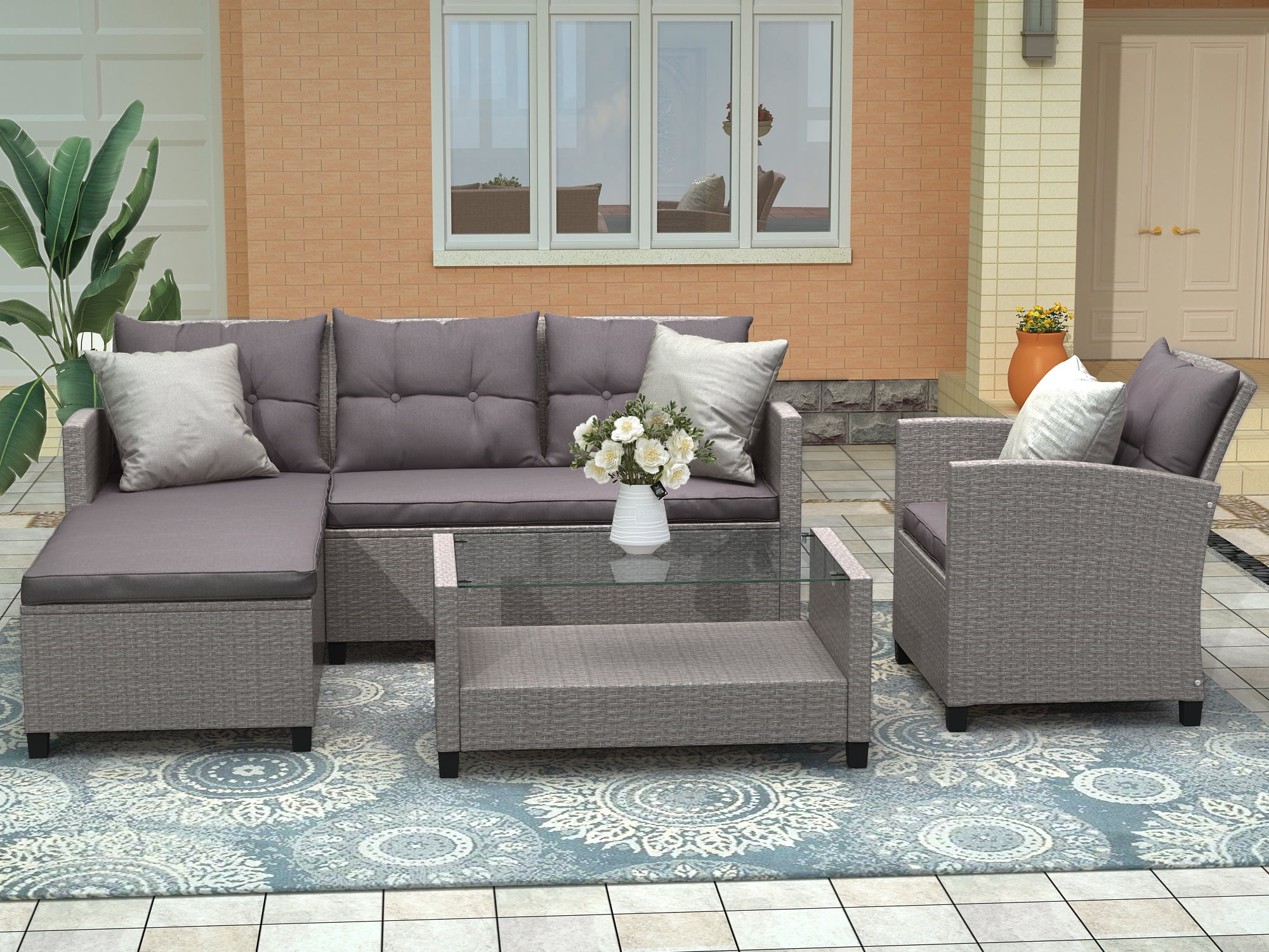 Patio Conversation Set, 4 Piece Outdoor Wicker Furniture Set with Loveseat Sofa, Lounge Chair, Wicker Chair, Coffee Table, All-Weather Patio Sectional Sofa Set with Cushions for Backyard Garden Pool