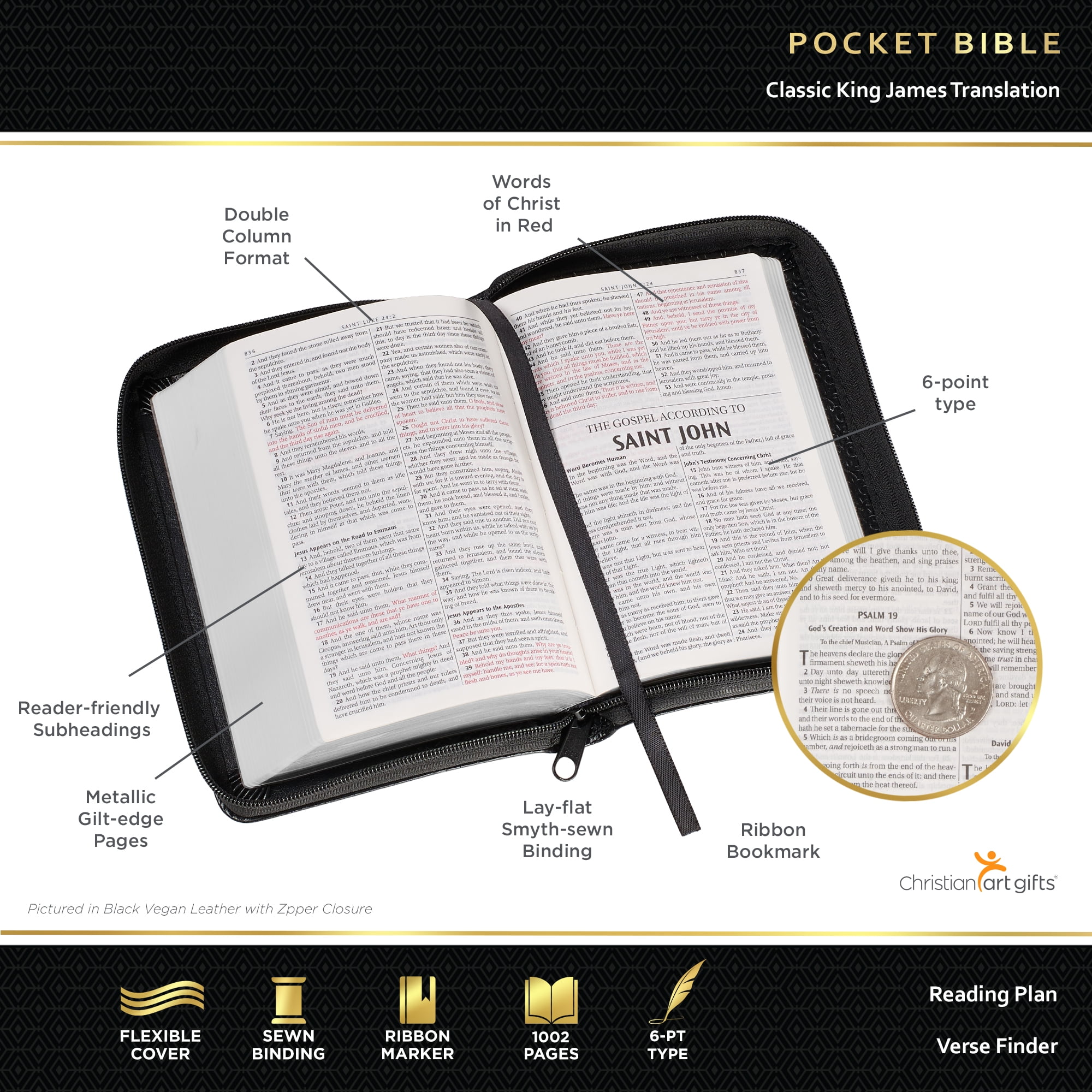KJV Holy Bible, Mini Pocket Size, Faux Leather w/Ribbon, King James Version, Black, Zipper Closure KJV Holy Bible, Mini Pocket Size, Faux Leather w/Ribbon, King James Version, Black, Zipper Closure