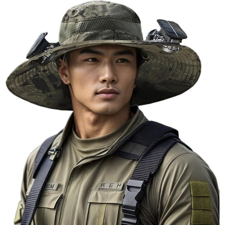 Solar Fan Hat Outdoor Wide Brim Sun Hat with 2 Solar Fan UV Protection Hiking Camping Fishing Hat for Men and Women(Khaki)