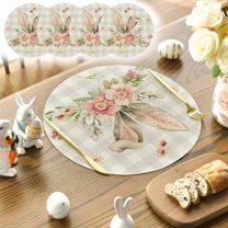 Bunny Rabbit Ears Easter Round Placemats Set of 4, Garden Bunny Buffalo Plaid Spring Summer Seasonal Holiday Rustic Vintage Washable Table Mats