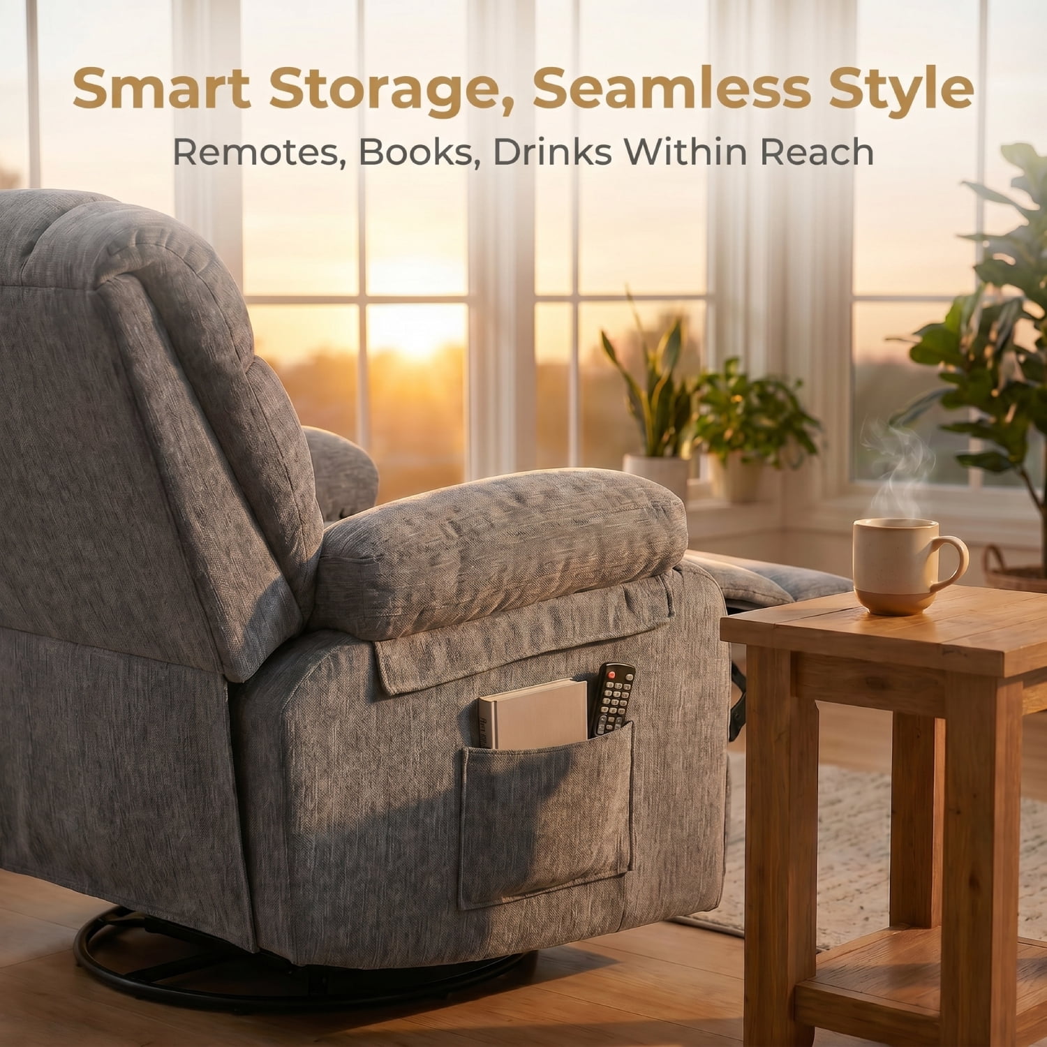FitStand Swivel Rocker Recliner Chair with USB Port, Heat and Massage, 24.4" Wide Seat Chenille Oversized Recliner, Gray