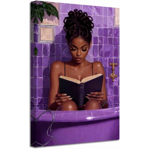 ZHONGYUTONG Black Women Bathroom Canvas Wall Art African American Bathroom Picture Prints Black Girl Reading Poster Minimalist Paintings Wall Decor for Toilet Restroom (12.00" x 18.00")