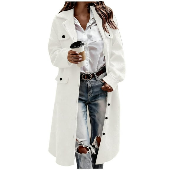 Woolen Long Trench Coat Women Single Breasted Notch Lapel Collar Winter Dress Coat with Pockets Loose Pea Overcoat (XL, White)