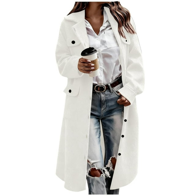hoksml Women's Wool Blend Button Down Cardigan Coat Fashion Solid Color Notch Lapel Long Sleeve Trench Jacket with Pockets