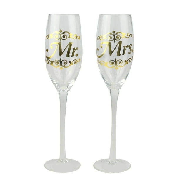 Topshelf Decorative Gold Mr and Mrs Champagne Glasses Bride and Groom