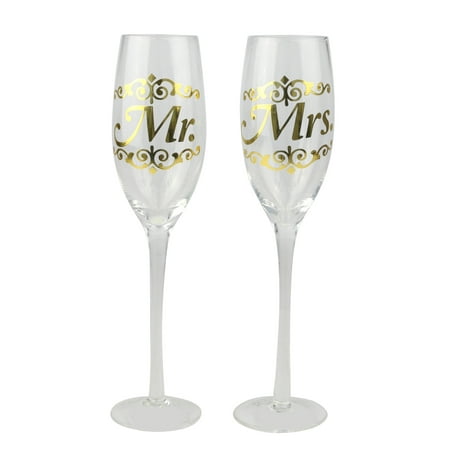 Topshelf Decorative Gold Mr and Mrs Champagne Glasses - Bride and Groom Champagne Flutes - Set of 2