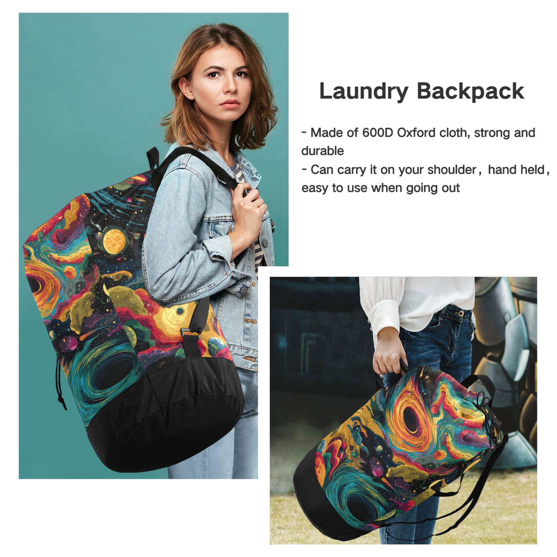 14.5x29.3in Laundry Backpack Bag with Drawstring & Adjustable Straps Heavy-Duty Wash Bag for Travel Storage Camping Swirling Galaxy