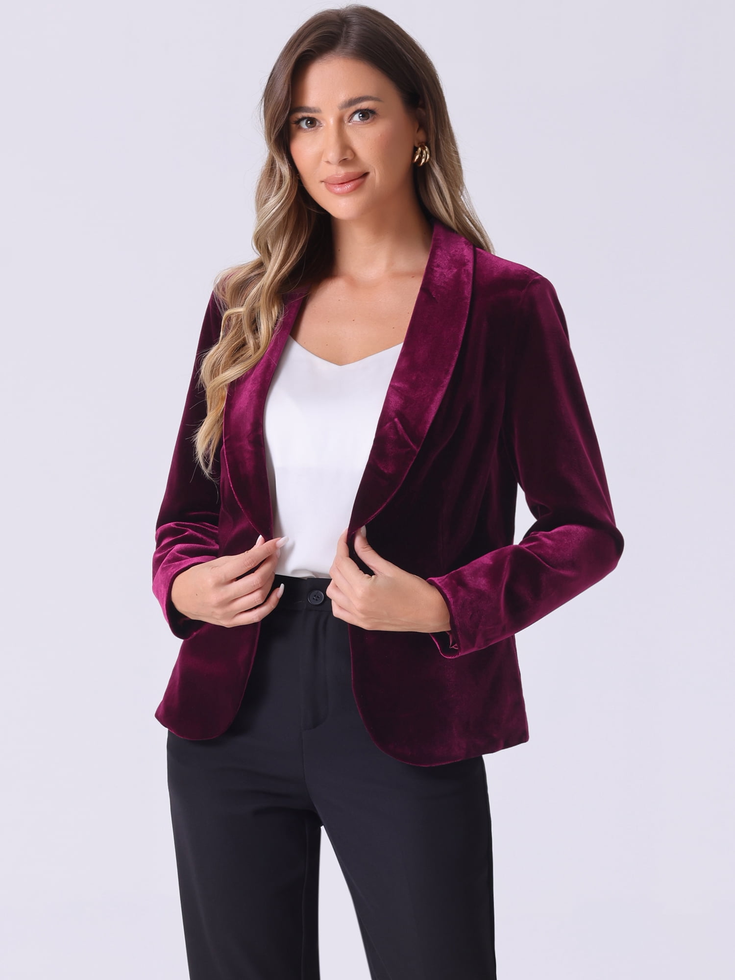 DARING DIVA Women's Velvet Office Coat Solid Shawl Collar Blazer XL Dark Red