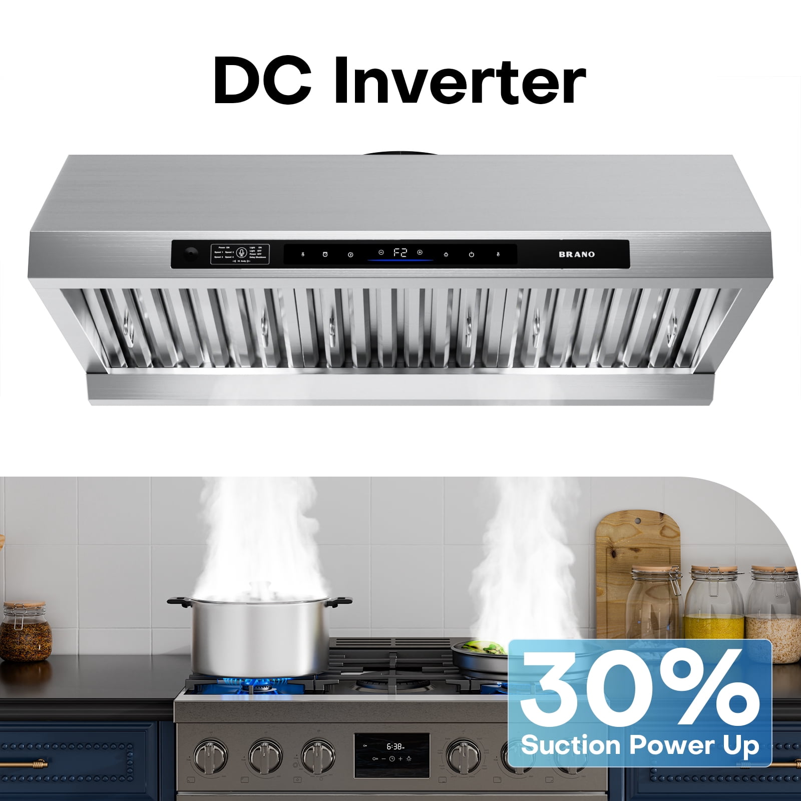 BRANO Convertible Range Hood Stainless Steel for Under Cabinet & Wall Mount 1200 CFM Range Hood 36 Inch, Dual Motor DC Inverter, Memory Function, Low Noise