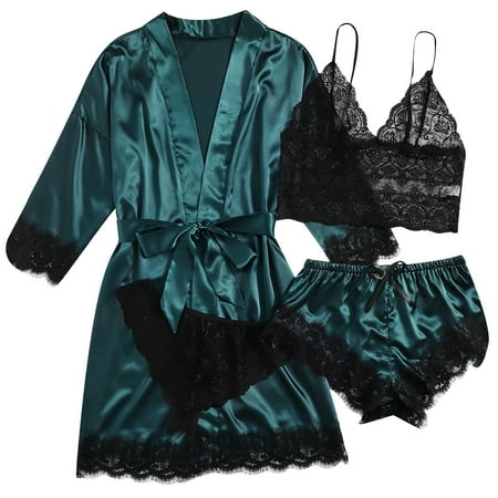 Dezsed Women s Satin Pajama Set 4pcs Lace Trim Cami Lingerie Sleepwear with Robe Clearance Women Wireless Bra Camisole Shorts Pajamas Robe Four Piece Set Green XS