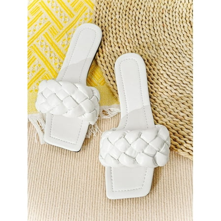 

Women s Braided Design Single Band Open Toe Flat Slide Sandals Casual Summer Fashion Walking Slippers Shoes White CN41(9)