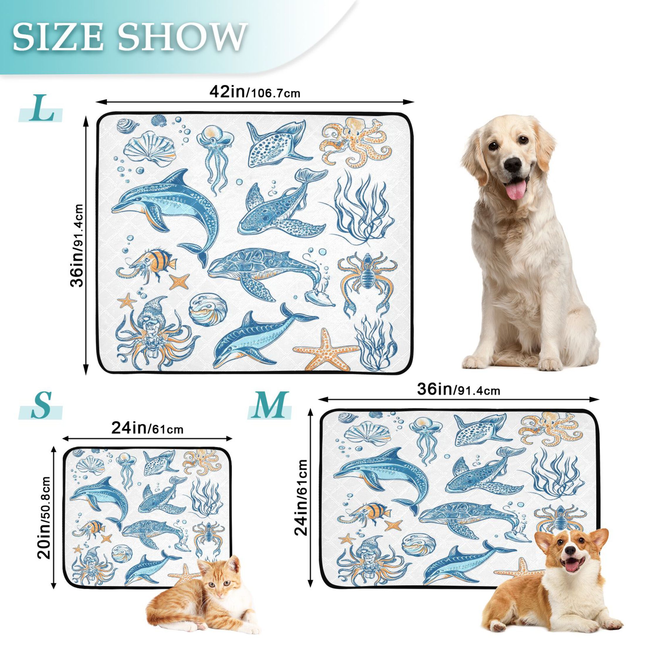 Washable Pet Pee Pads with Super Absorbent Reusable Training Pads for Dogs & Cats Ocean-themed Pattern