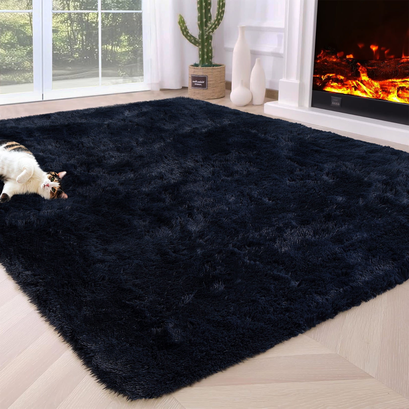 Hasoo Shag Area Rug 6' x 9' Indoor Plush Fluffy Rugs Shaggy Carpet Rugs for Bedroom Living Room, Dark Navy Blue