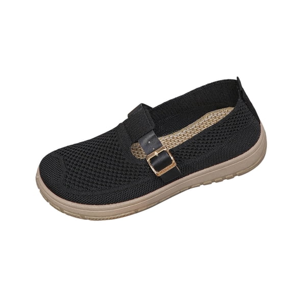 Xfvqtps Womens Knit Flats Buckle Strap Shoes Breathable Comfortable Flat Shoes Casual Everyday Wear Black