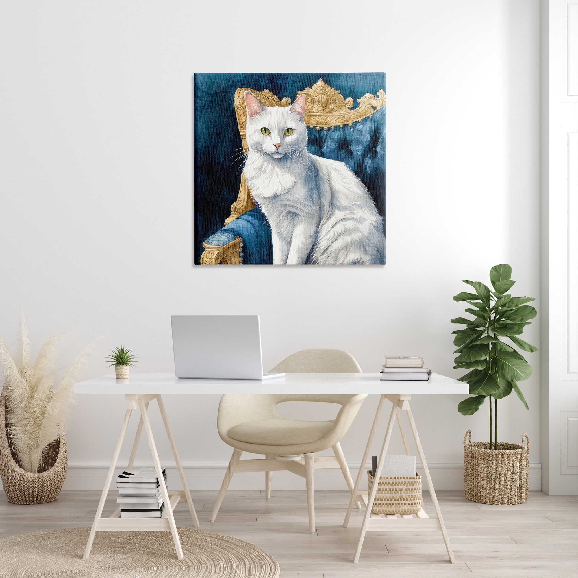 Stupell Industries White Cat & Ornate Chair Animals & Insects Painting Gallery Wrapped Canvas Art Print Wall Art, 36 x 36