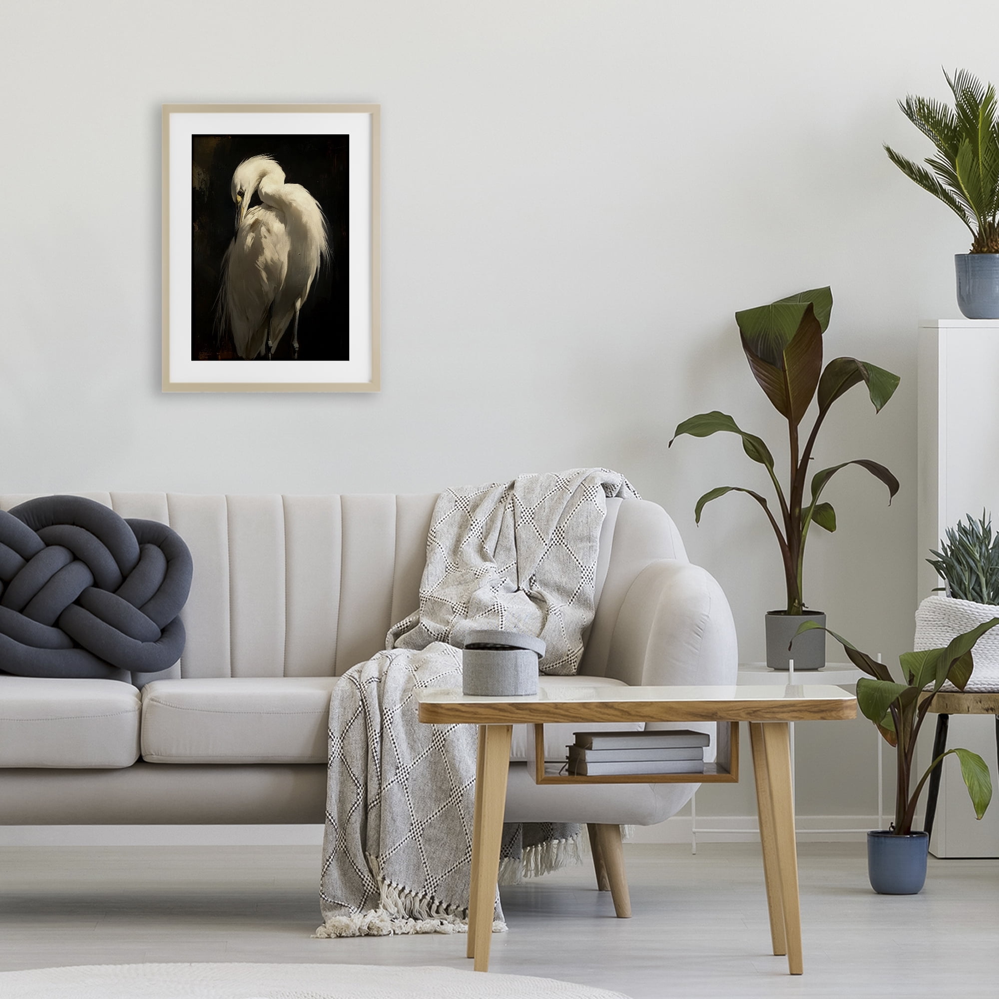 Stupell Industries Feathered Egret in Soft Light Birch Framed Print Under Glass, design by Petal Prints Design