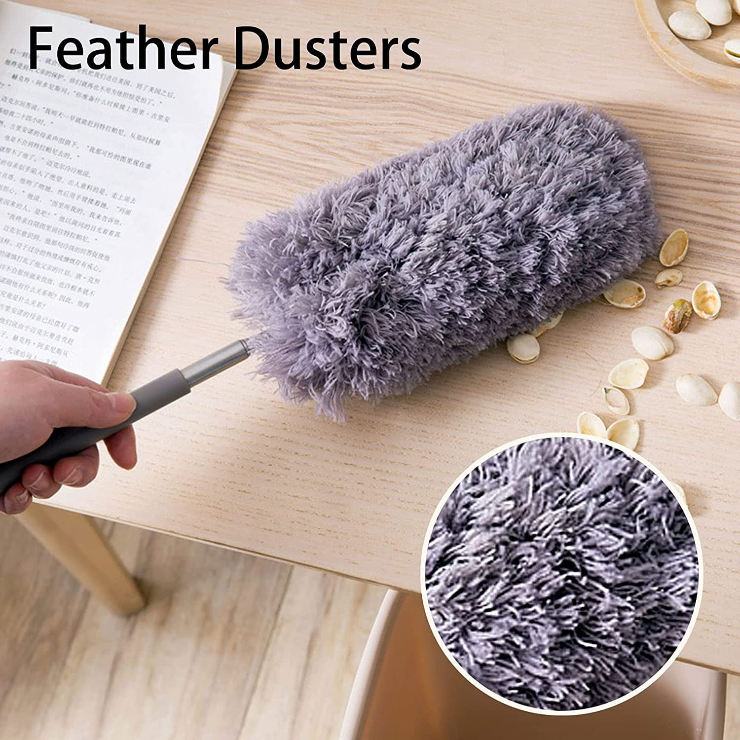 Microfiber Duster for Cleaning, Tukuos Hand Washable Dusters with 2pcs Replaceable Microfiber Head, Extendable Pole, Detachable Cleaning Supplies
