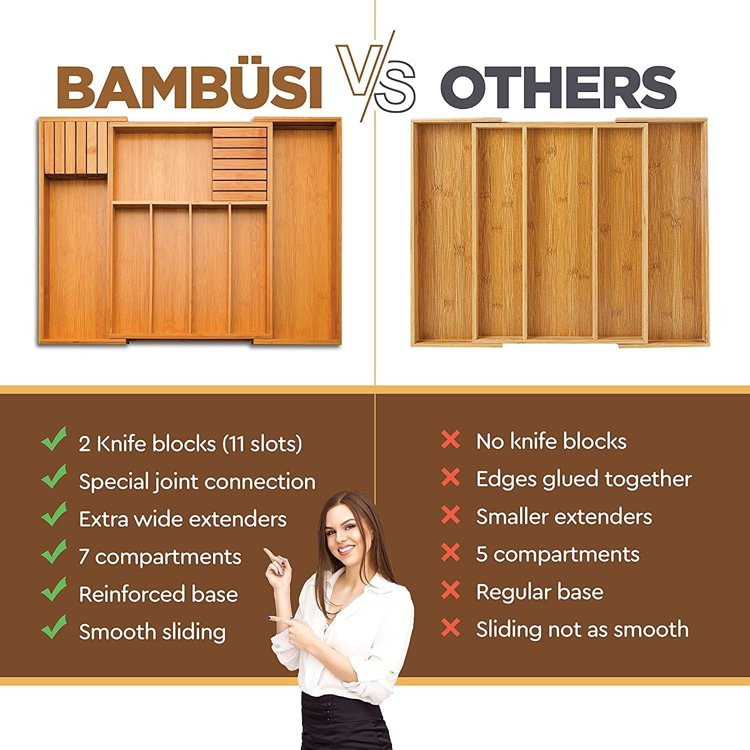 Expandable Silverware Organizer - Bamboo Kitchen Drawer Organizer, Utensil Holder - Drawer Organization and Storage in Kitchen, Bathroom or Bedroom