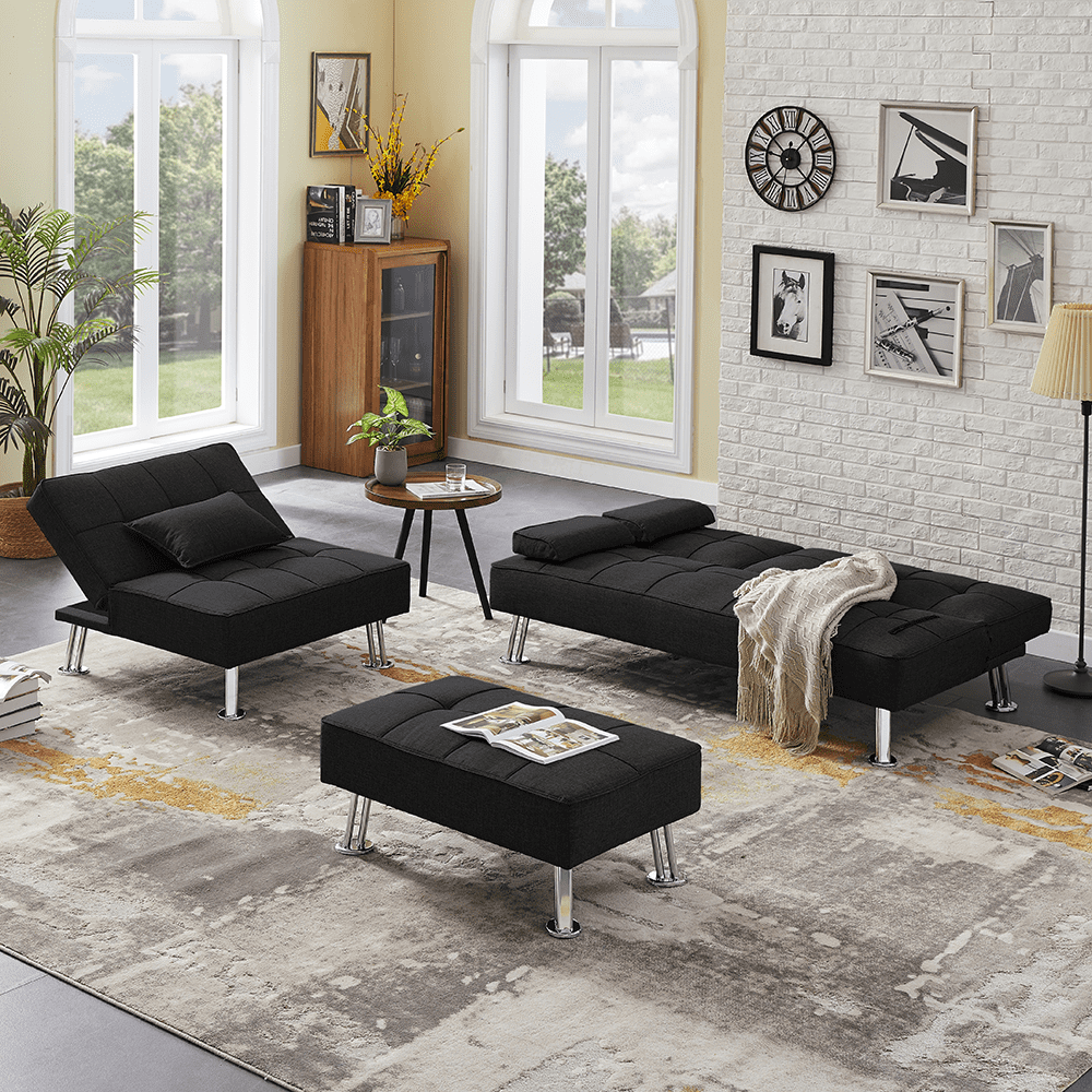 Kepooman 3-Piece Modern Fabric Convertible Futon Sofa Set with 2 Cup Holders & Single Sofa & Ottoman, Black