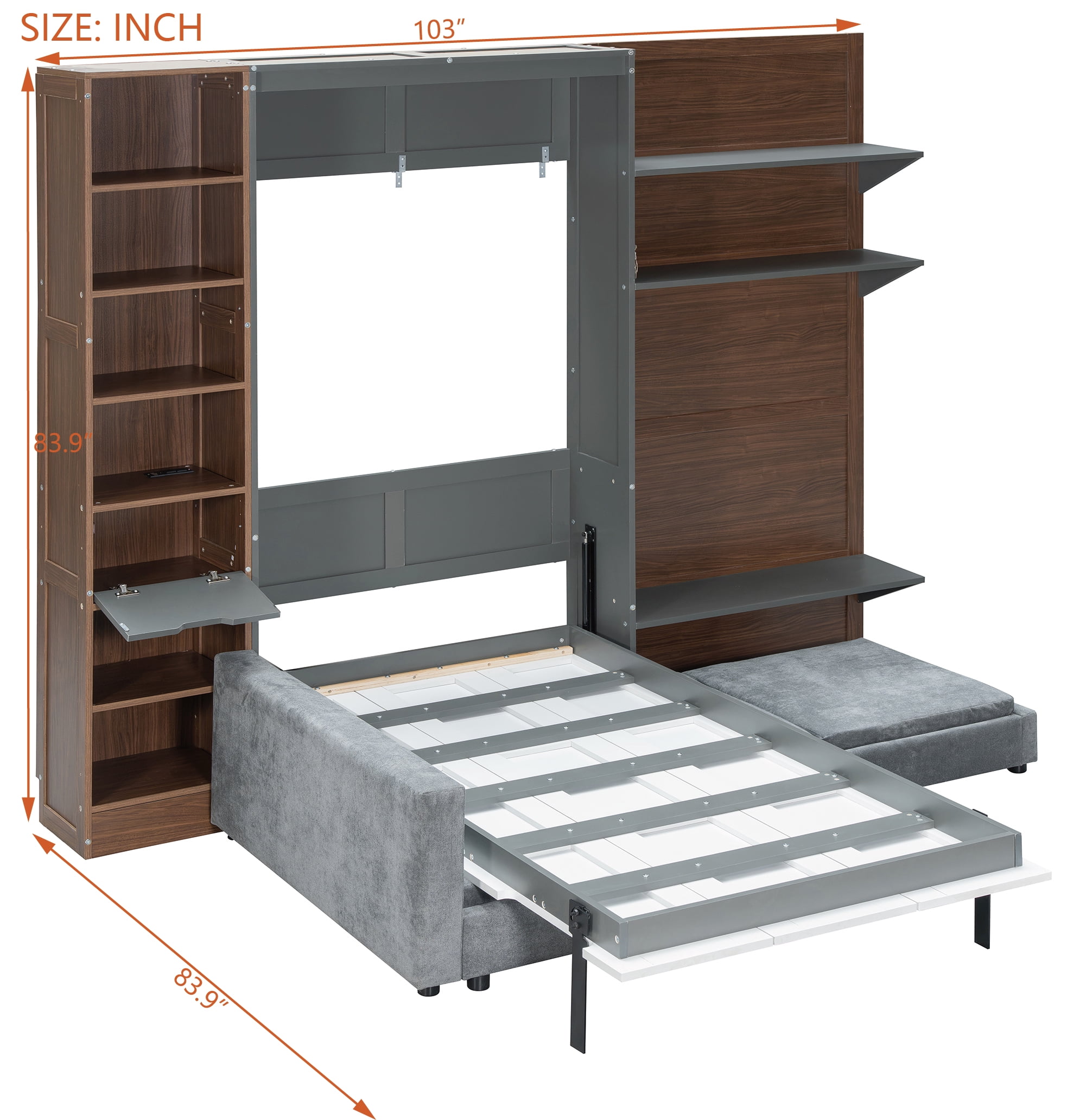 Twin Size Murphy Bed with SOpen Shelf, USB Port, L Shape Sofa, Space-Saving for Small Space, Guest Room