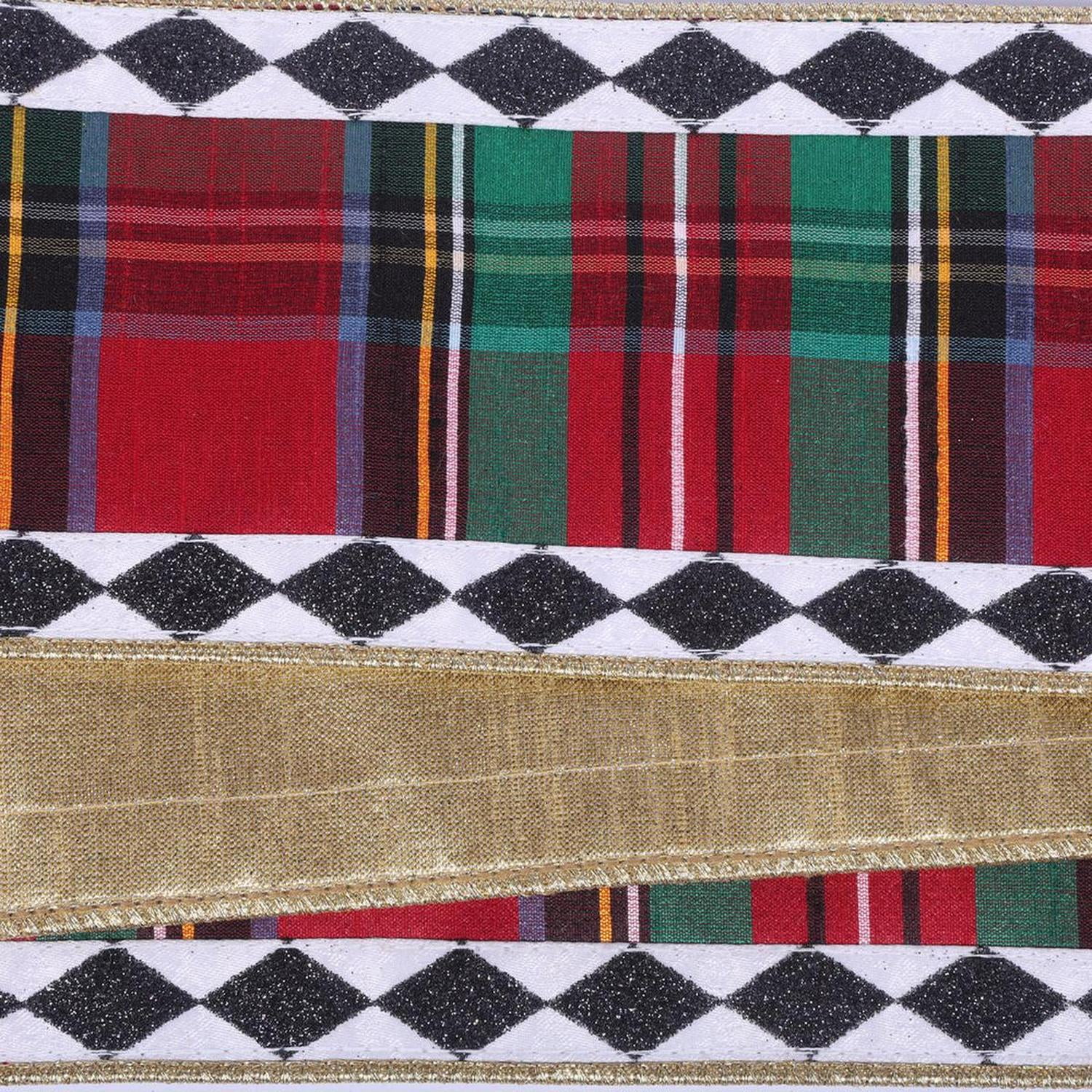 4" Multi Tartan Black White Diamond Ribbon (10 Yards)