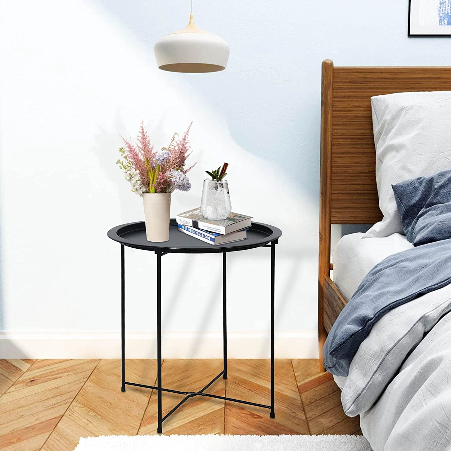 Folding Tray Metal Side Table Round End Table, Black Sofa Small Accent Fold-able Table, Round End Table Tray, Next to Sofa Table, Snack Table for Living Room and Bed Room Garden 4 you