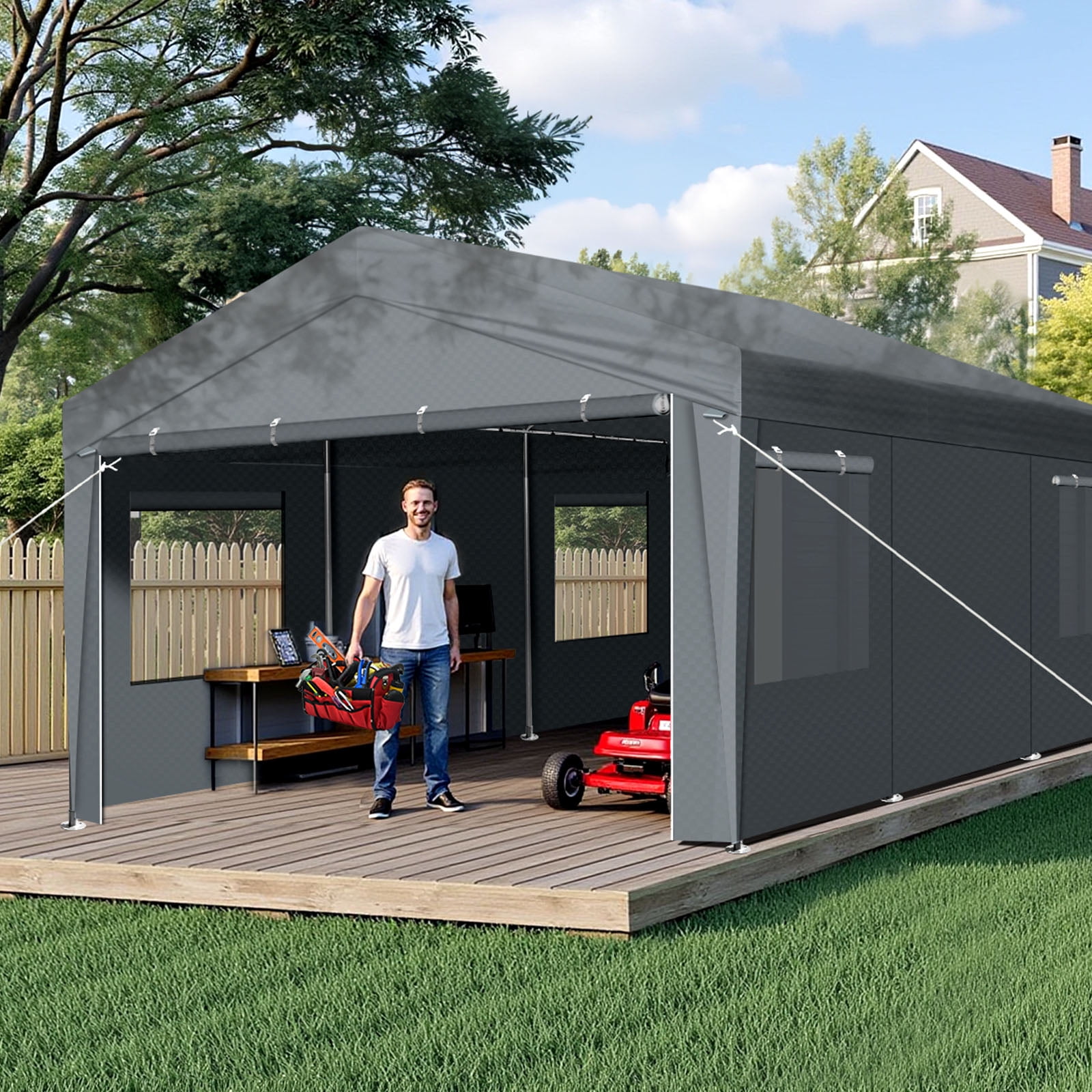 10x20FT Grey Carport Canopy - Heavy-Duty Steel Frame & UV-Resistant PE Cover for Driveways, Gardens, Outdoor Events, Vehicle Protection