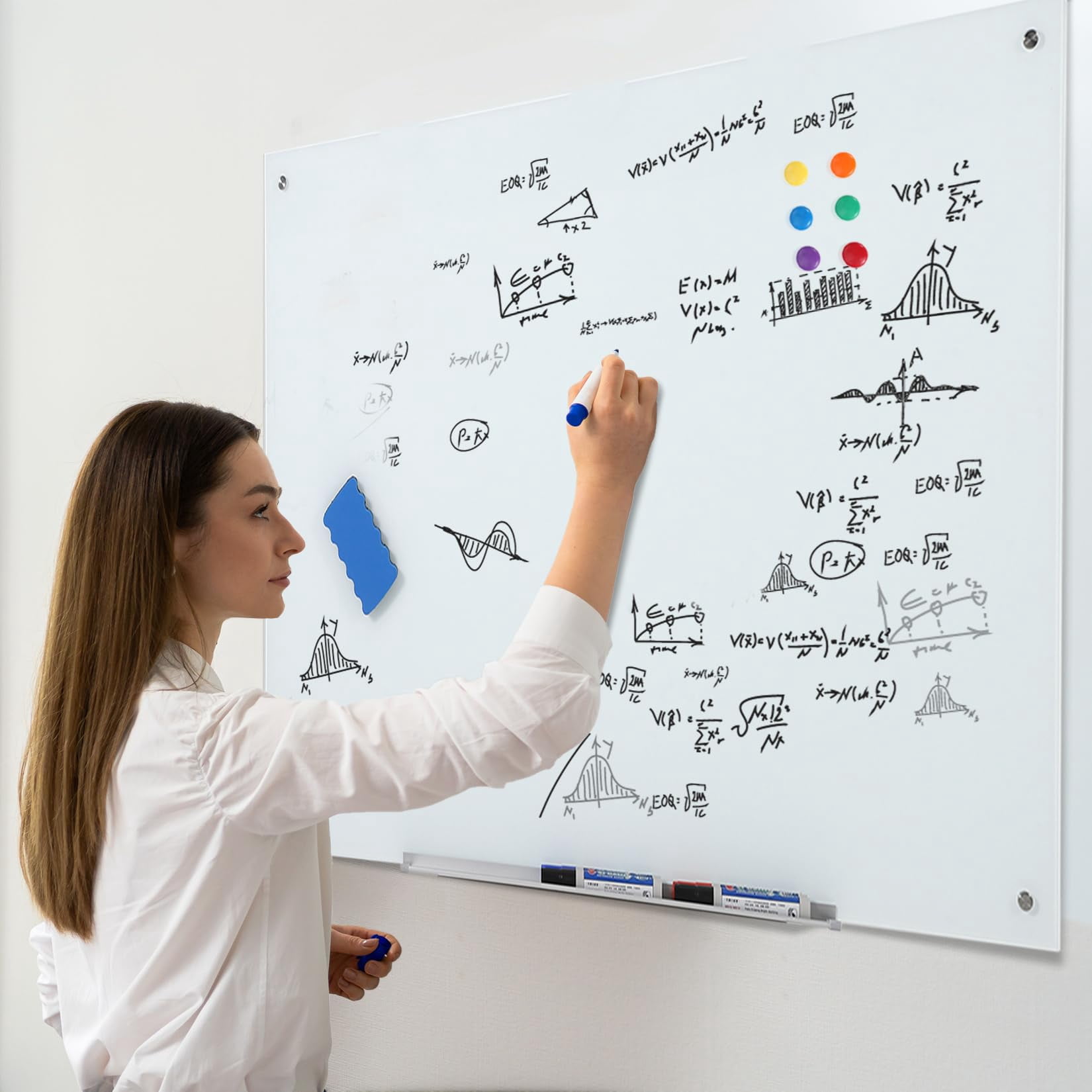 Magnetic Glass Whiteboard Frameless Dry Erase Board with 6 Strong Magnets, Tempered Glass Writing Board for Office, Home & School, White, 35.4" x 23.6"