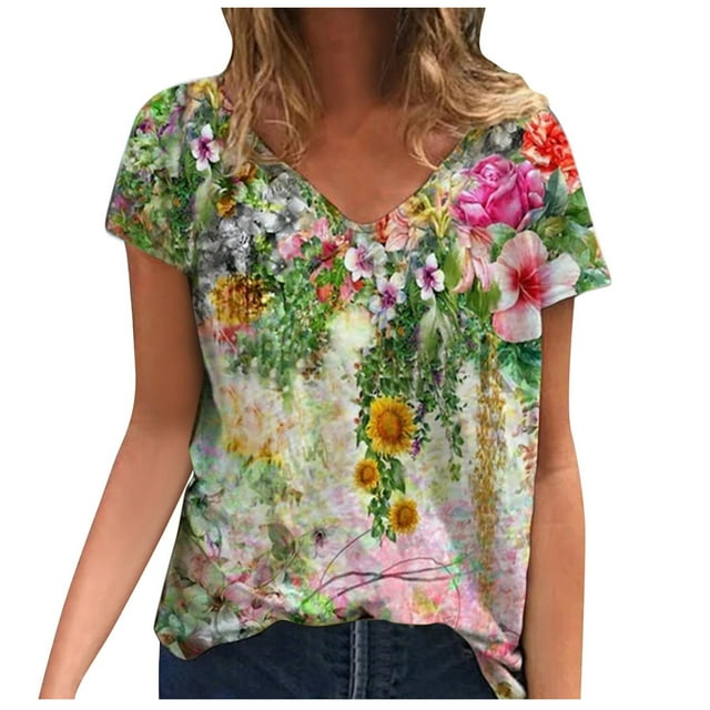 Plus Size Women Short Sleeve Printed V Neck Tops Tee T Shirt Blouse