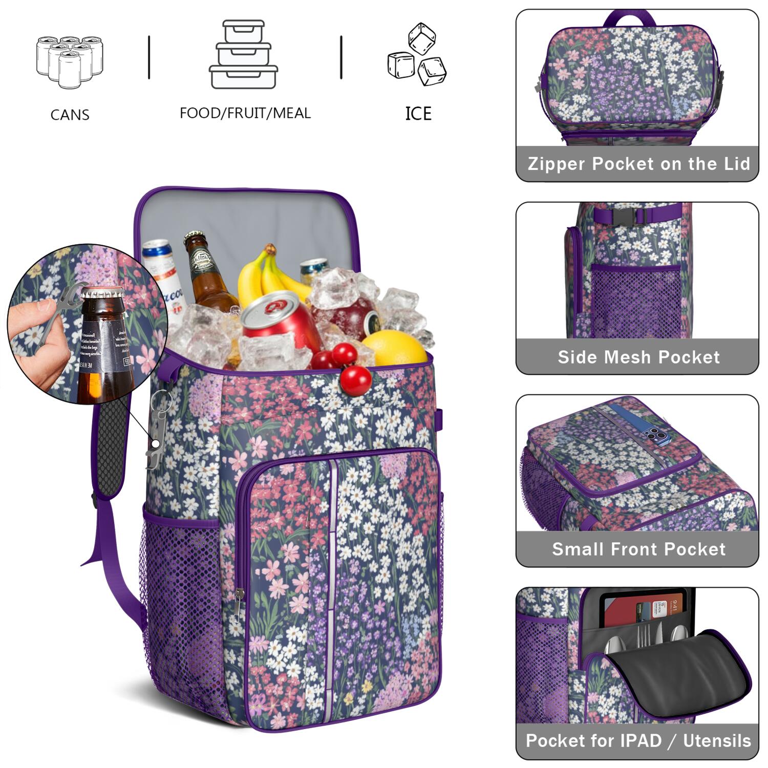 Travel Cooler Bag - Pioneer Flower Camping Beer Cooler Backpack with Bottle Opener- Waterproof Insulated Picnic Backpacks - Cooler Bag for Beach