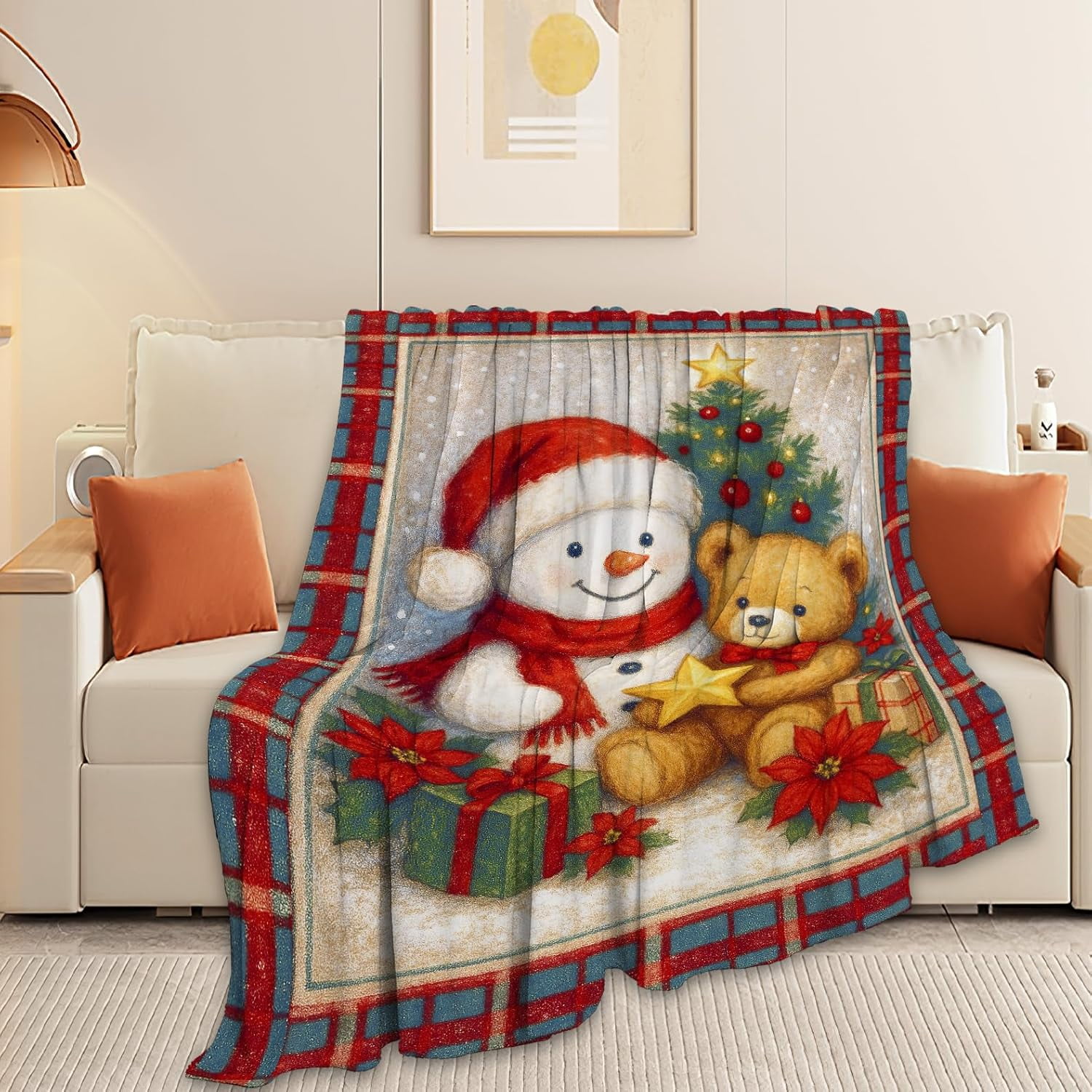 Christmas Snowman Bear Blanket Super Soft Warm Fluffy Fleece Flannel Christmas Tree Blanket Cozy Fuzzy Plush Stuff Bedding Blankets Gifts for Women Users men Women Adults 60"X50"
