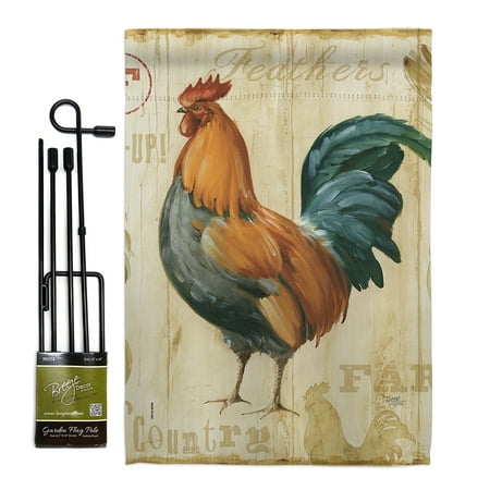 Rooster Farm Garden Flag - Set with Stand Animals Barnyard Cow Horse Farmhouse Pet Nature Animal Creature - House Decoration Banner Small Yard Gift Double-Sided Made In USA 13 X 18.5