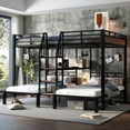 thumbnail image 2 of [Luckynote]Queen over Twin over Twin Metal Bunk Bed ,triple metal bunk bed with Storage shelves and storage stairs,black, 2 of 10