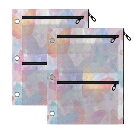 2 Pack 3-Ring Binder Pencil Pouch with Clear PVC Windows Rainbow Pastel Butterfly Dance Large Capacity Stationery Bag for Classroom Office Supplies