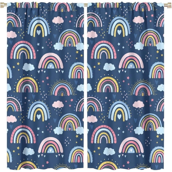 Rainbow Curtains Colorful Cartoon Rainbow Blue Modern Art Aesthetic Rod Pocket Blackout Window Drape for Kids Girls Bedroom Living Room Nursery 42x54in