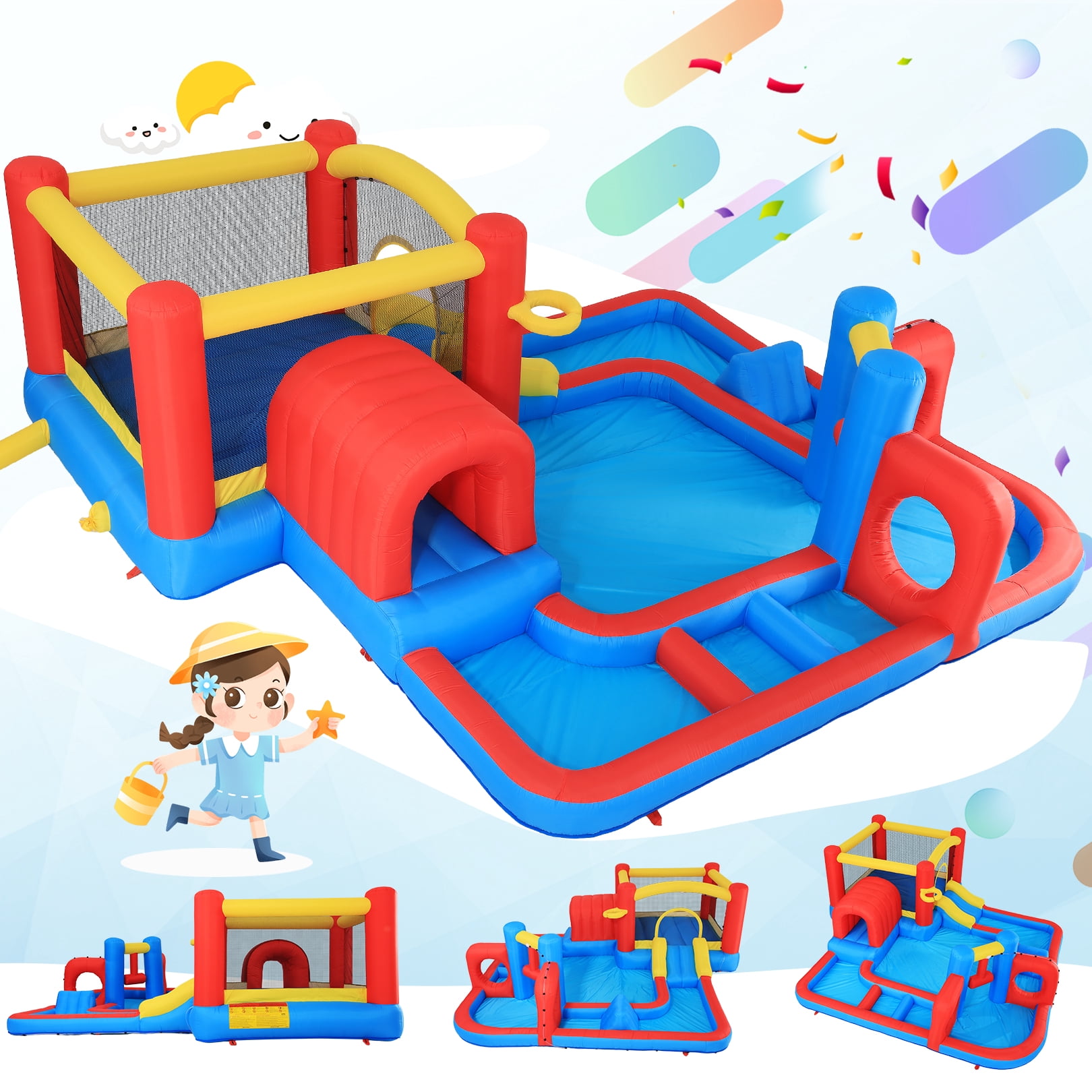 Funcid Bounce House 14.3x14.3FT, 10-in-1 Inflatable Obstacle Course, Jump Area, Ball Pit, Tunnel, Wet & Dry Use, With 520W Blower