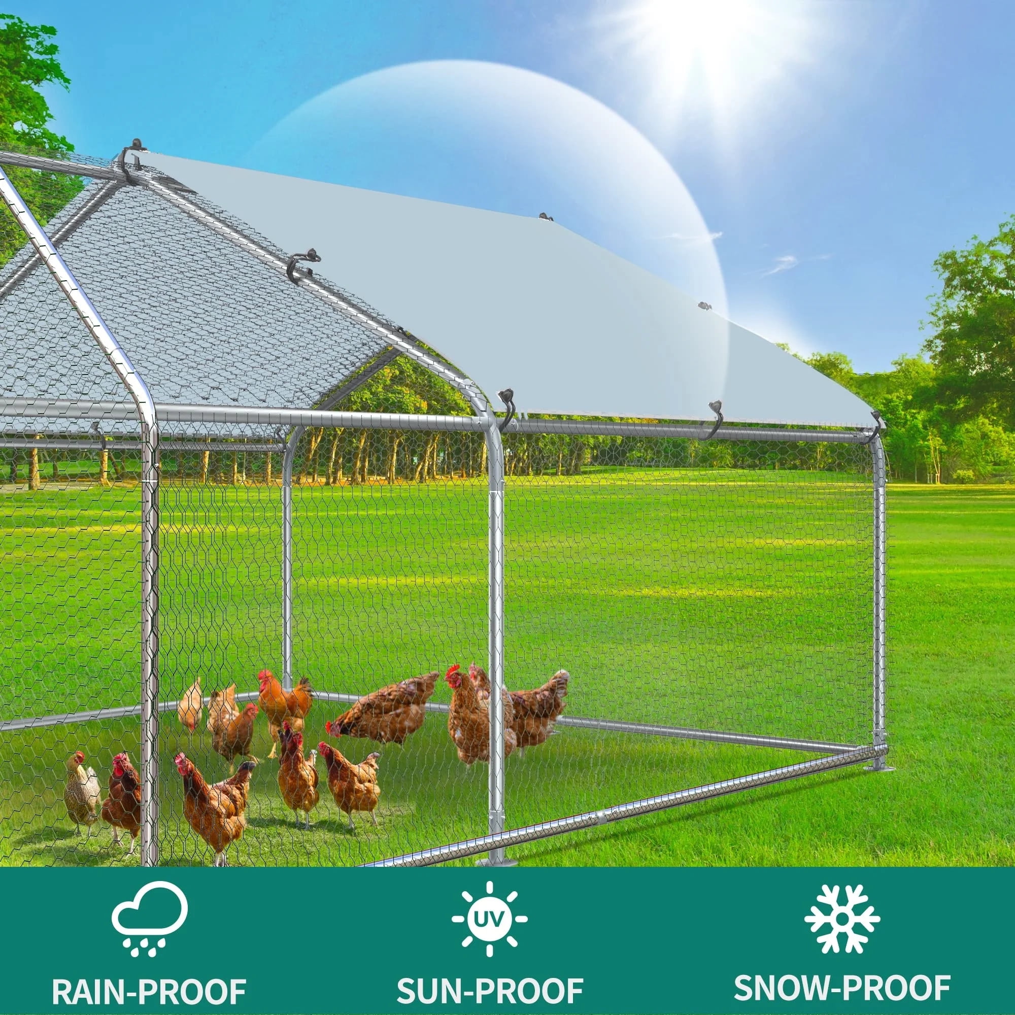 Aukfa Chicken Coop, 13 ft Large Chicken Run Cage Outdoor, Heavy Duty Spire Shaped Metal Frame, Silver