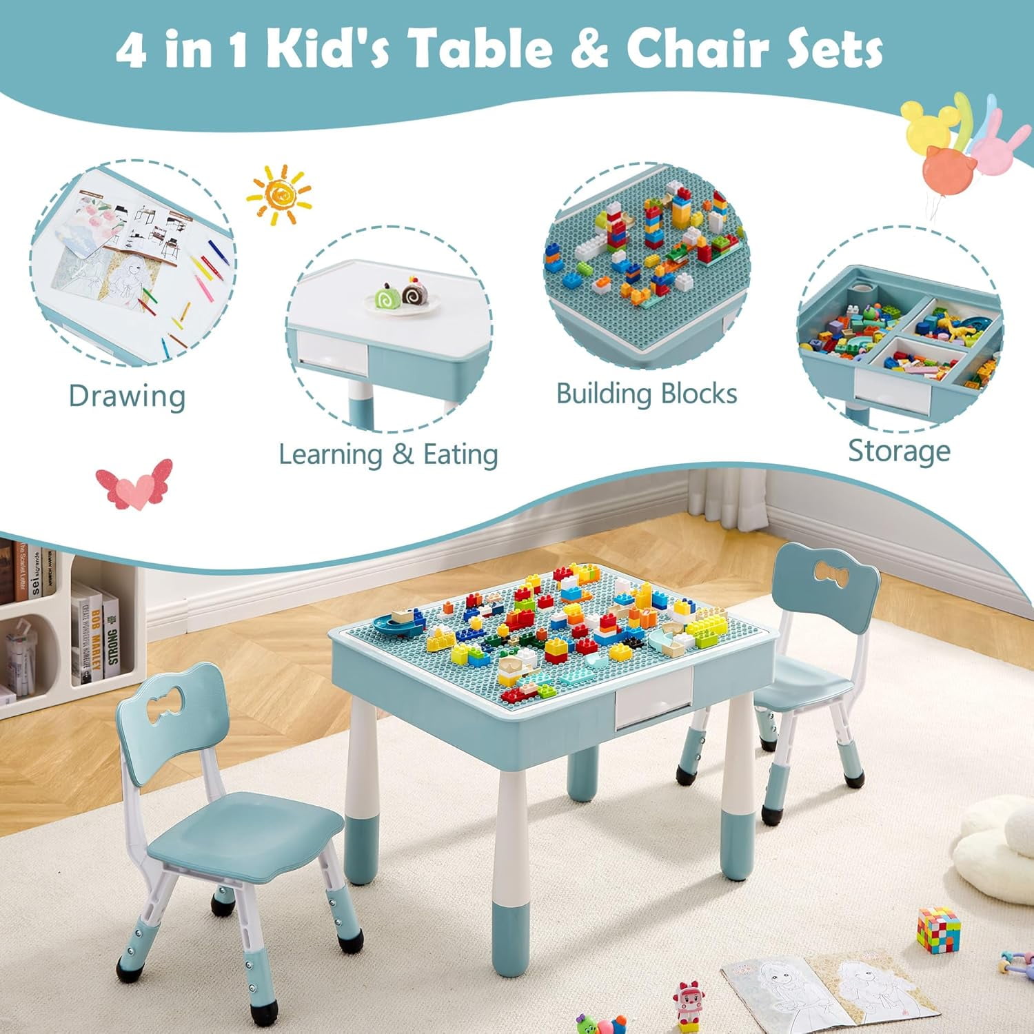 4 in 1 Kids Table and Chairs Set, Toddler Table and Chair Set for Kids Ages 3-10, 29.5" L x 23.6" W Activity Table w/Storage, Graffiti & Building Blocks Double-Sided Tabletop, Grayish Blue