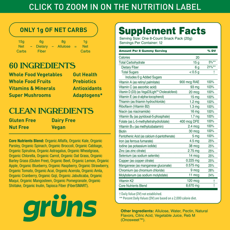 gruns gummies glp 1 Gruns Adult Superfood Greens Sugar Free Gummies, with 60 Organic  Ingredients, 21+ Vitamins & Minerals, Prebiotics and Fiber for Digestion,  Adaptogens,