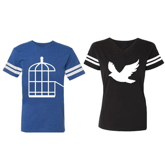 Bird Cage Matching Couple Cotton Jerseys (Men Royal / Women Black) (Men S / Women S)