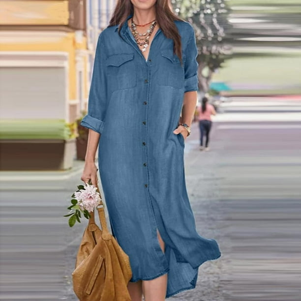 Puntoco Falda Larga Vaquera A La Moda Para Mujer, Cuello Camisero, Falda Informal, Falda Larga, Azul Xxxxl,Regalos Para Mujer Joven