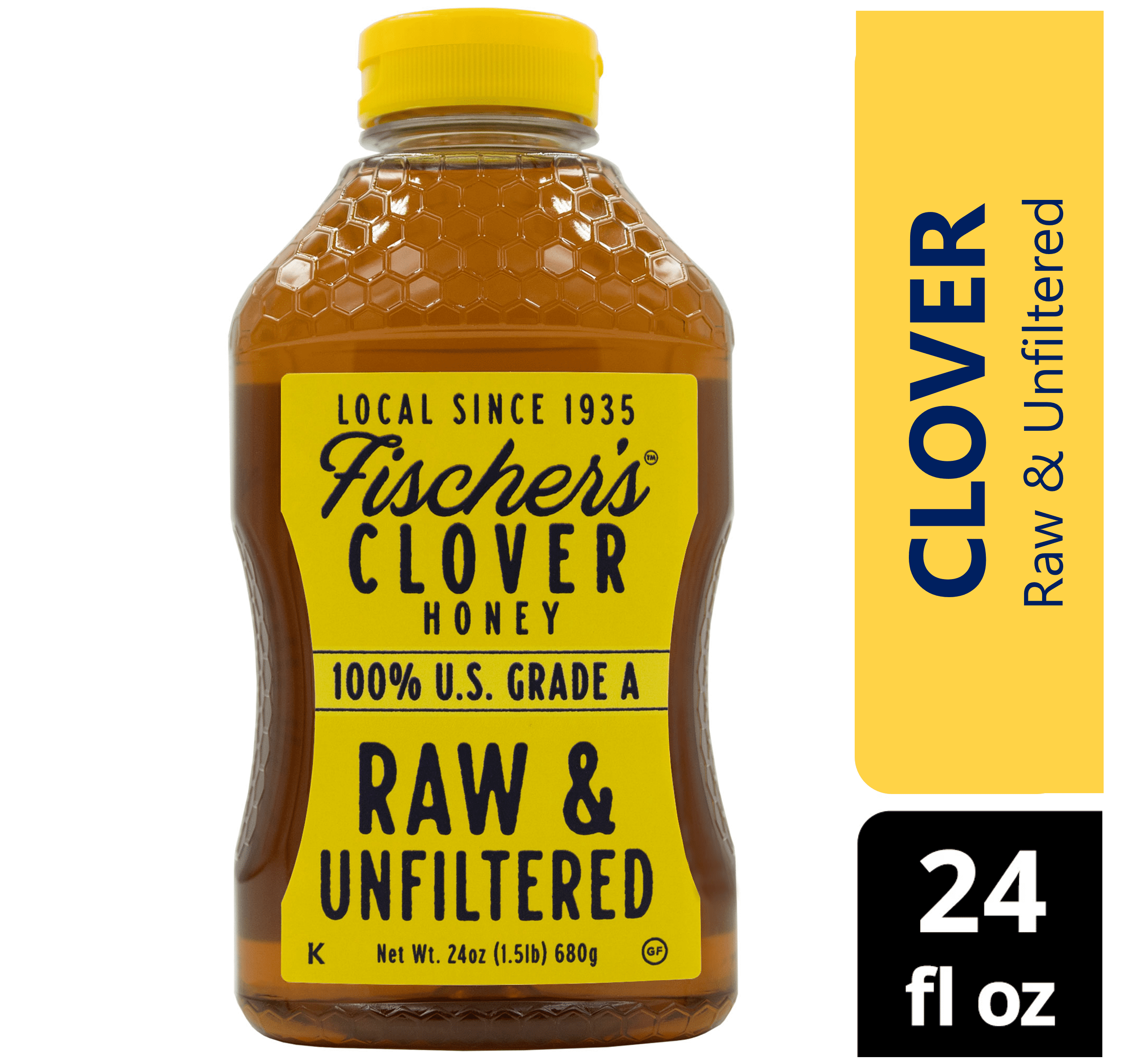 Fischer's Honey 100% Grade A, Raw and Unfiltered Clover Honey, 24 oz Squeeze Bottle