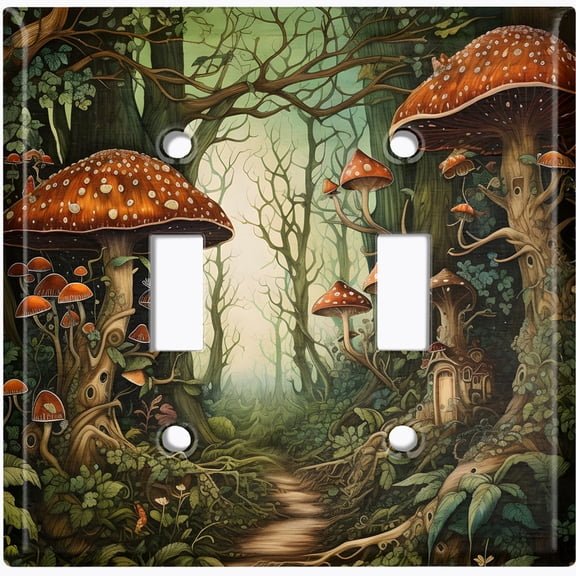 Metal Light Switch Wall Plate Outlet Cover (Printed Image of Forest Mushroom Village - Double Toggle)