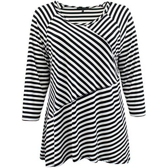 Plus Size Women's Clothing Asymmetrical Striped Sleeve Knit Top T Shirt Black White 3X (16.008)