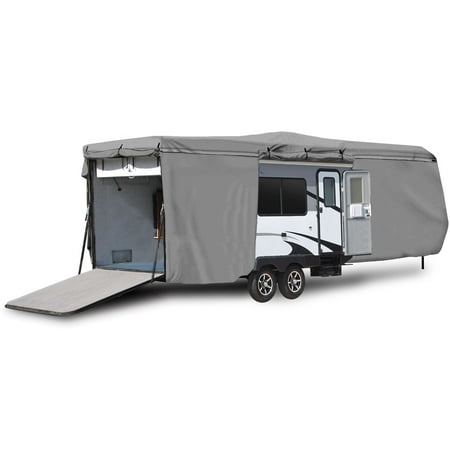 Waterproof Superior RV Motorhome Travel Trailer / Toy Hauler Cover Fits Length 20'-22' Travel Trailer Camper Zippered Panels Allow Access To The Door, Engine, Side Storage Areas, and Ramp