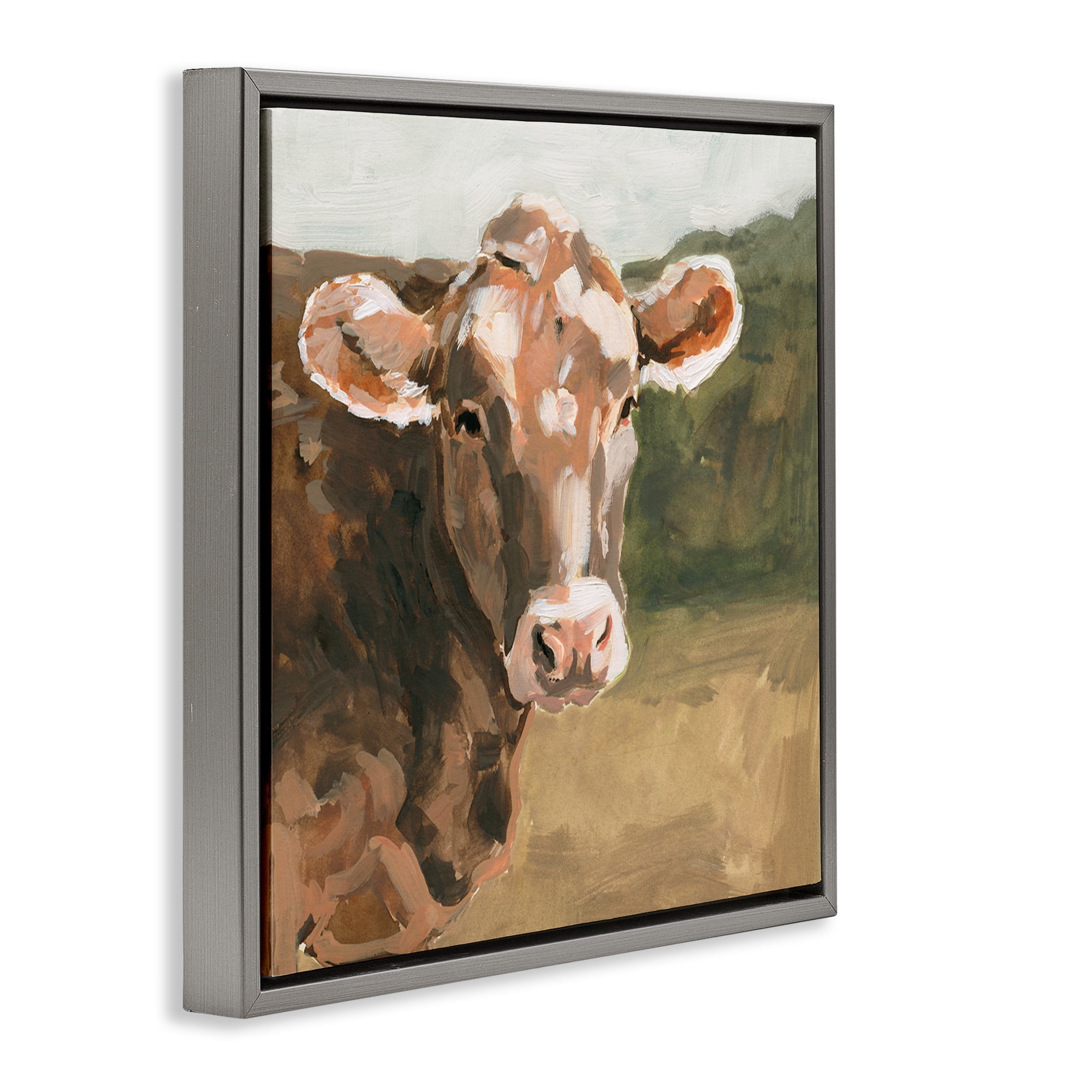 Stupell Industries Soft Country Meadow Cow Animals & Insects Painting Gray Floater Framed Canvas Art Print Wall Art, 18 x 18
